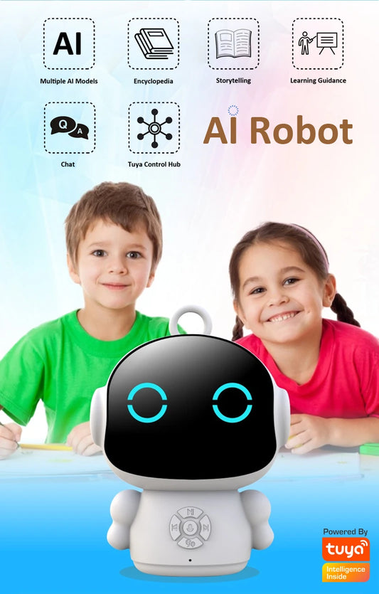 Two children sitting at a table with an AI robot, featuring icons and text about AI capabilities.
