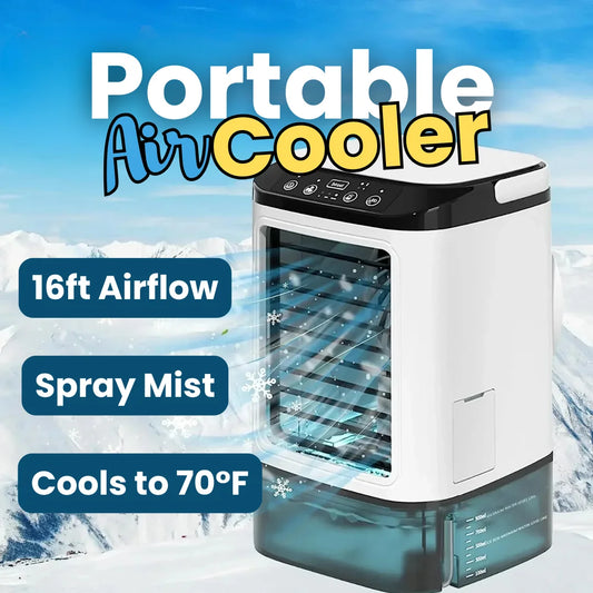 Portable air cooler with ultrasonic mist, 3-speed fan, LED display, and 900ml water tank for instant cooling