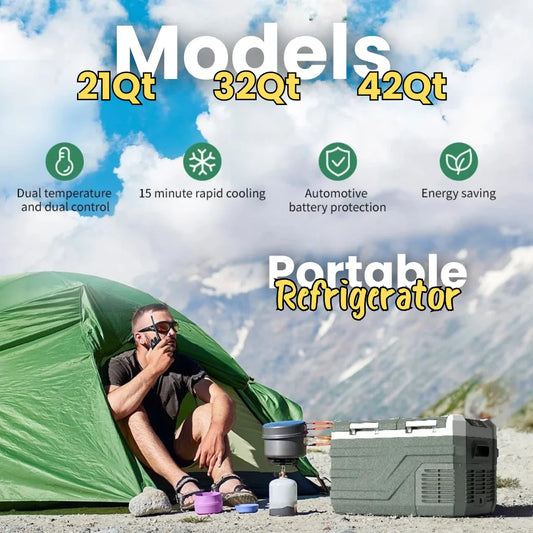 Man camping in the mountains beside a tent with a portable car refrigerator for outdoor food and drink cooling
