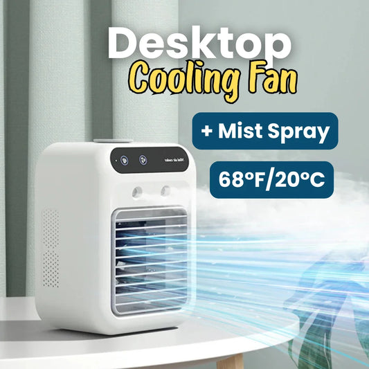 White USB fan on wooden desk blowing cool air