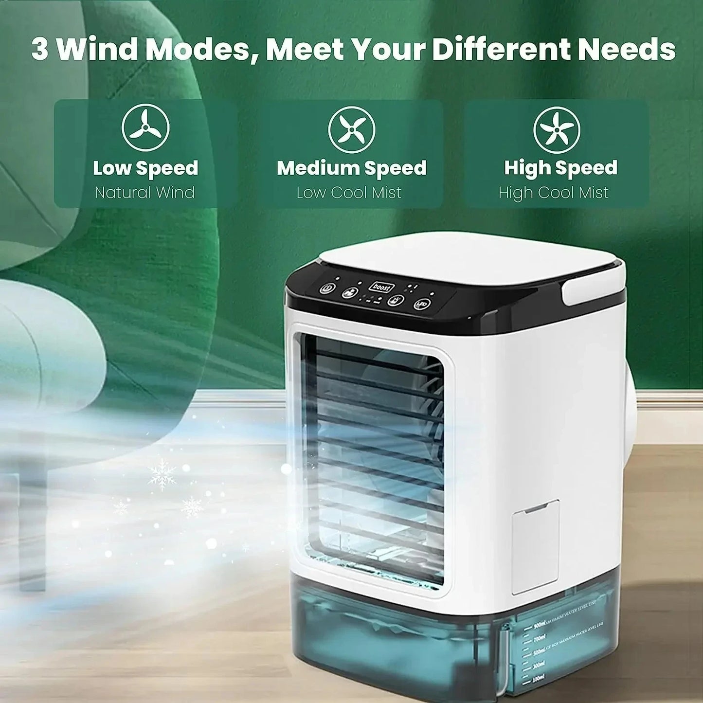Compact portable air cooler with ultrasonic misting and 3-speed fan for home or office