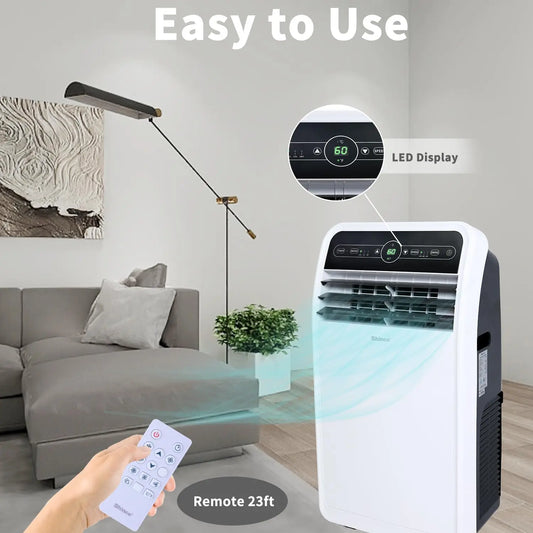 3-in-1 portable air conditioner with cooling, fan, and dehumidifier modes.
