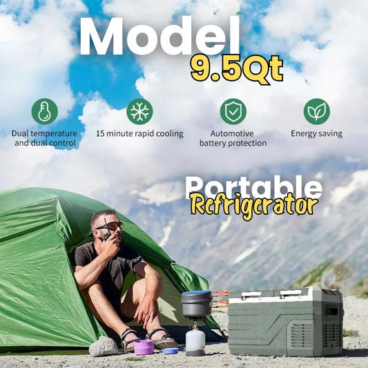 Man camping in the mountains beside a tent with a portable car refrigerator 9.5Qt for outdoor food and drink cooling