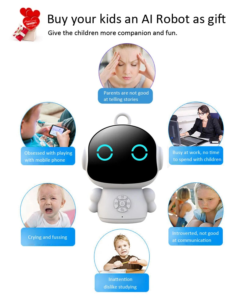 Advertisement for an AI robot as a gift for children, highlighting its benefits.