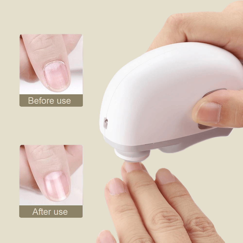 Person using electric nail polisher with ergonomic design for effortless, safe at-home nail care. Before. After.