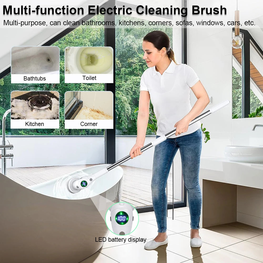 Woman cleaning kitchen floor with rotating cleaning brush