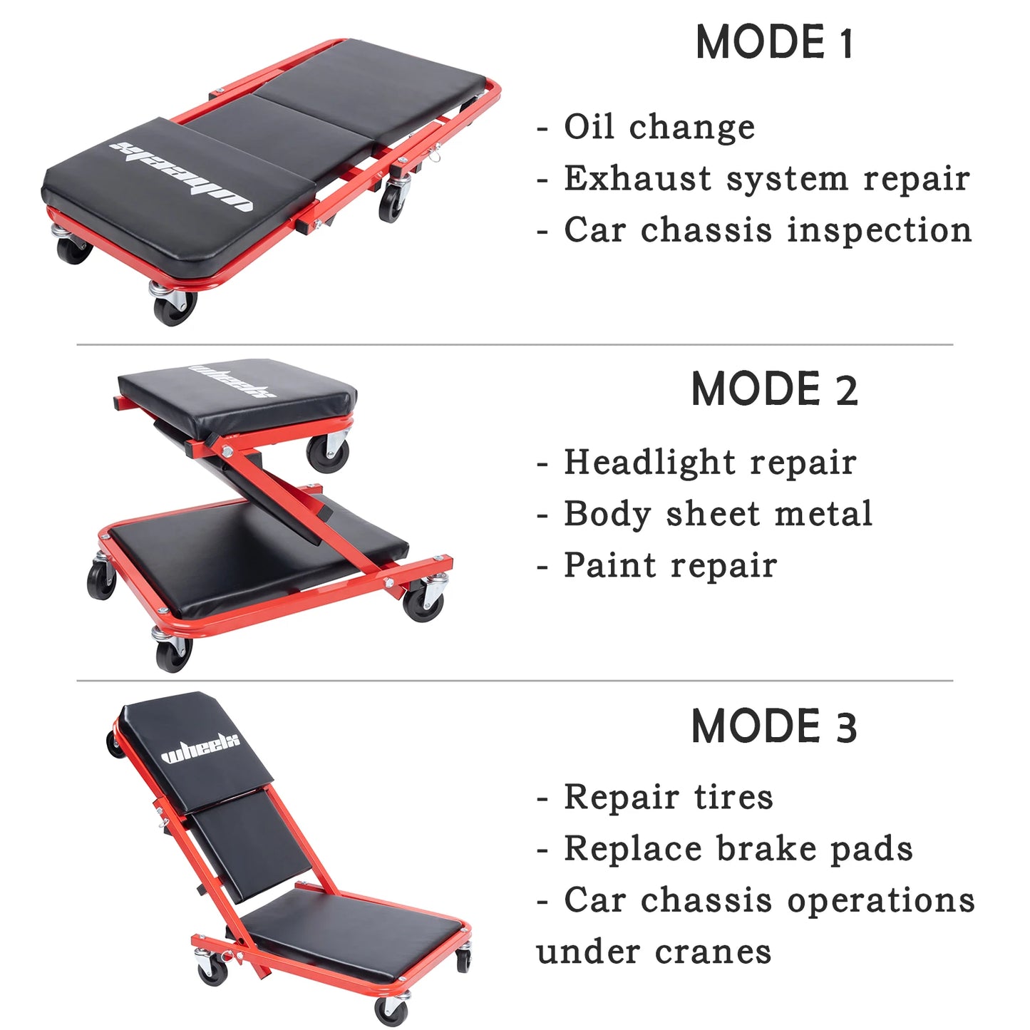 3-in-1 Rolling Mechanic Creeper Seat with different modes of use on a white background