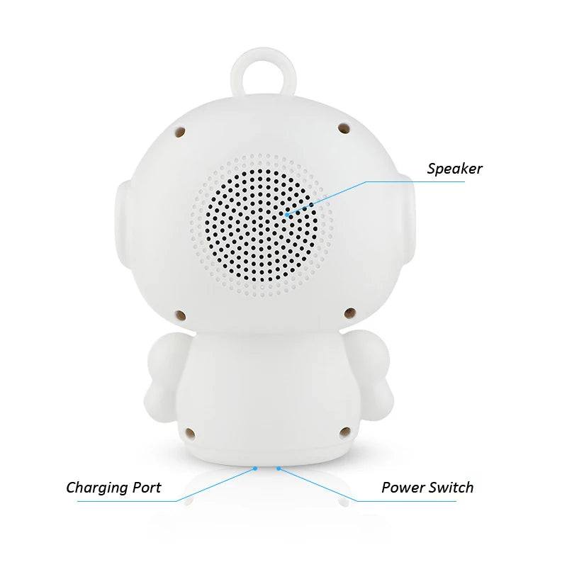 White speaker with labeled parts on a white background