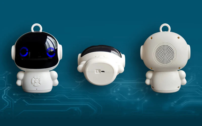 White robot toy with black screen on a blue background