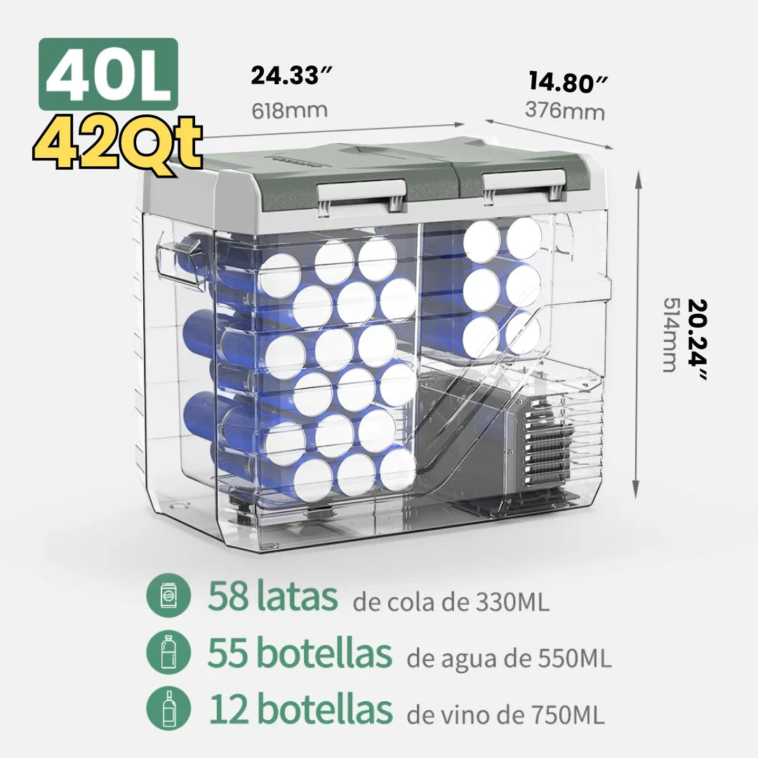 42Qt/40L portable fridge - compact size 24.3″×14.8″×20.24″, fits car trunks and tight spaces.