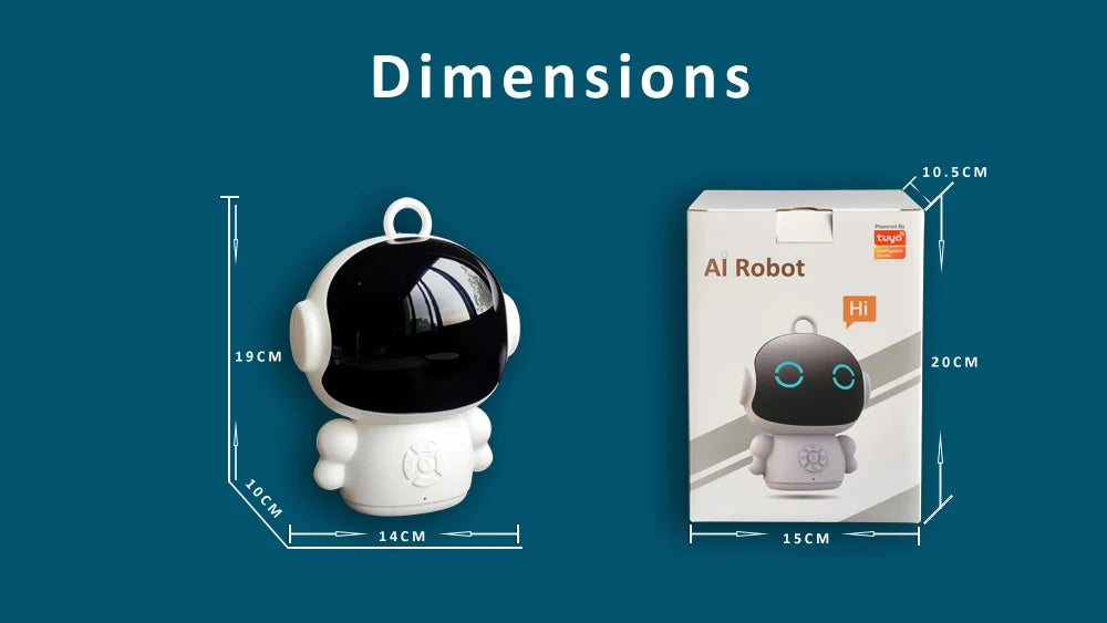 AI robot with packaging and dimensions on a blue background