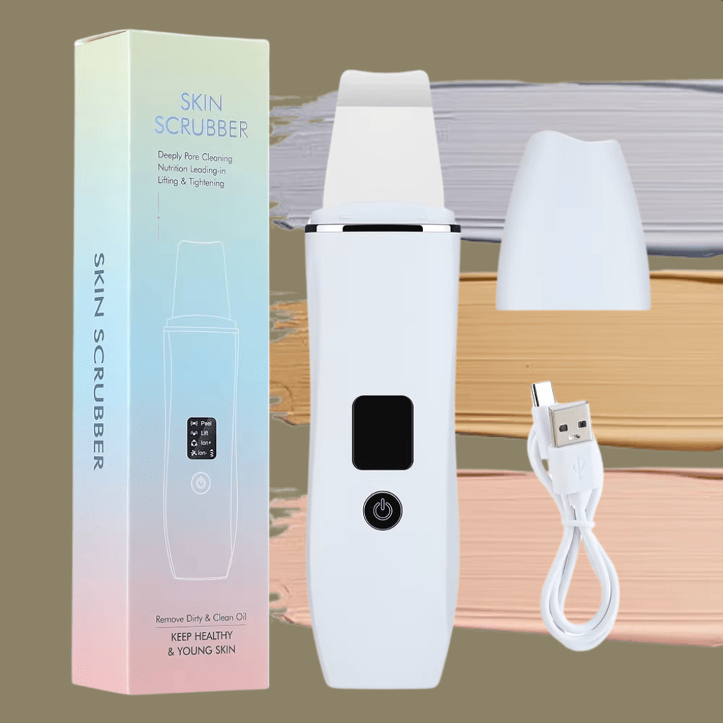 White ultrasonic skin scrubber for deep cleansing, microcurrent lift, and ion therapy – home facial device