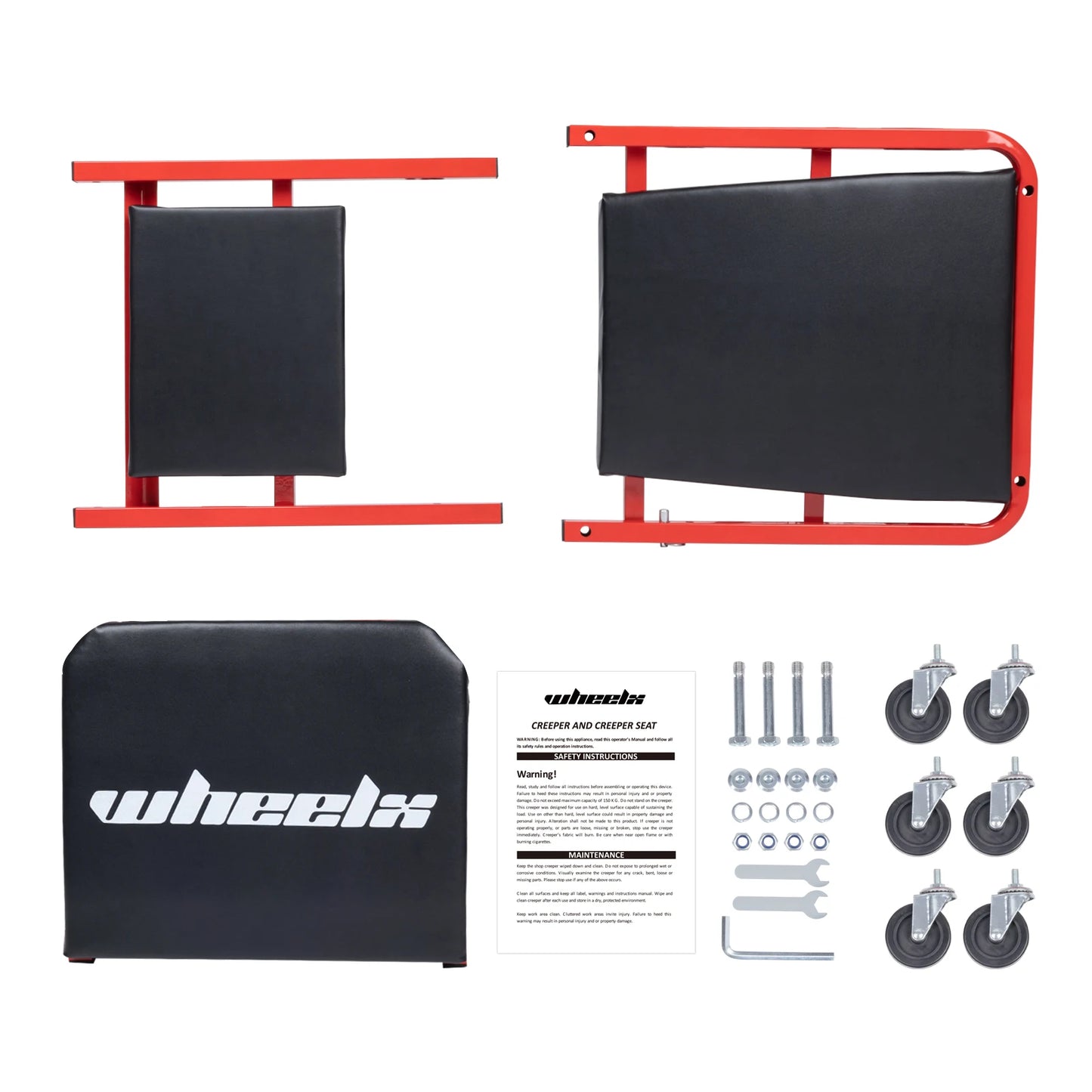 Set of 3-in-1 Rolling Mechanic Creeper Seat with wheels and hardware on a white background