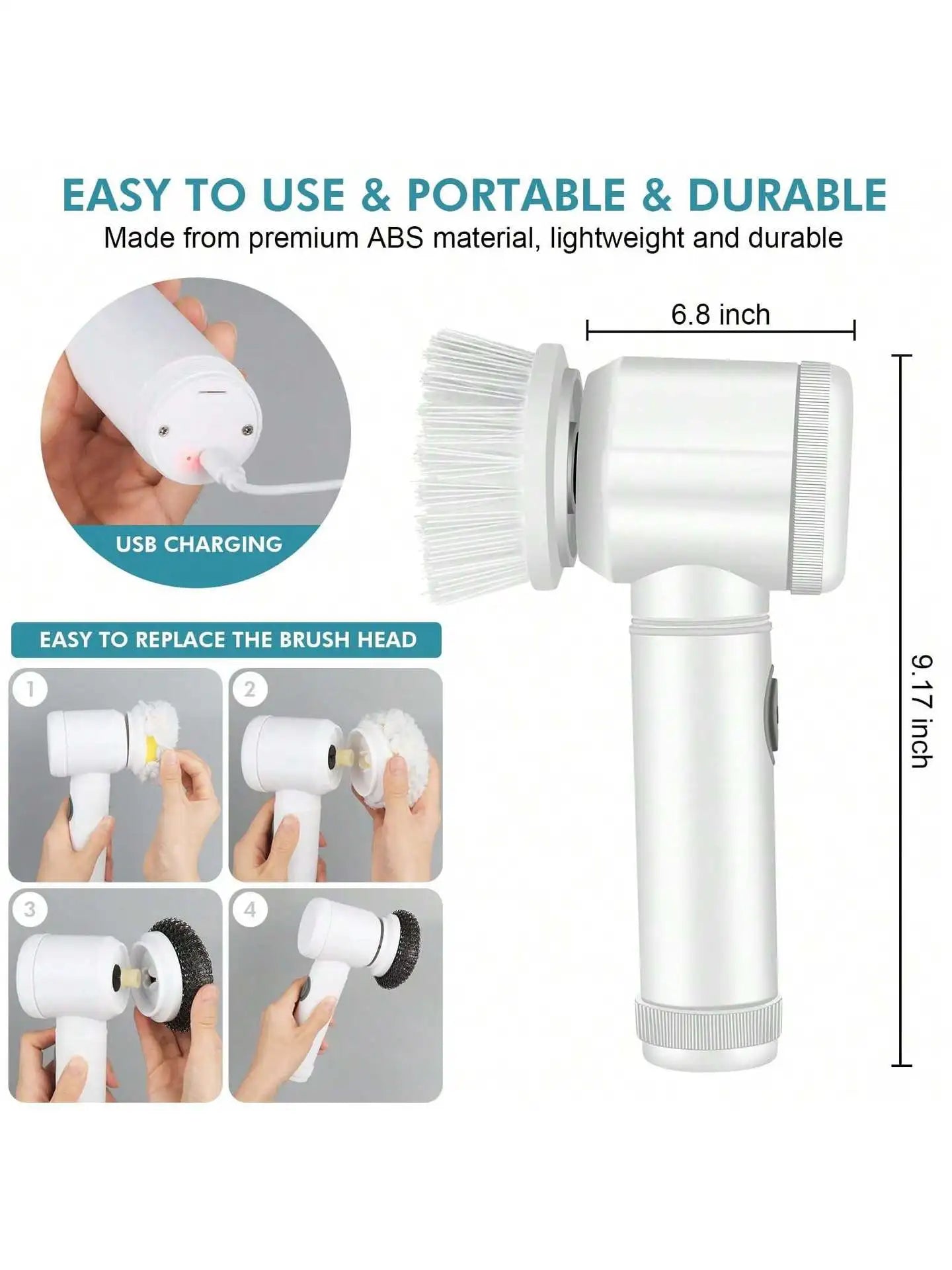 Woman using cordless electric scrubber to clean bathroom tiles