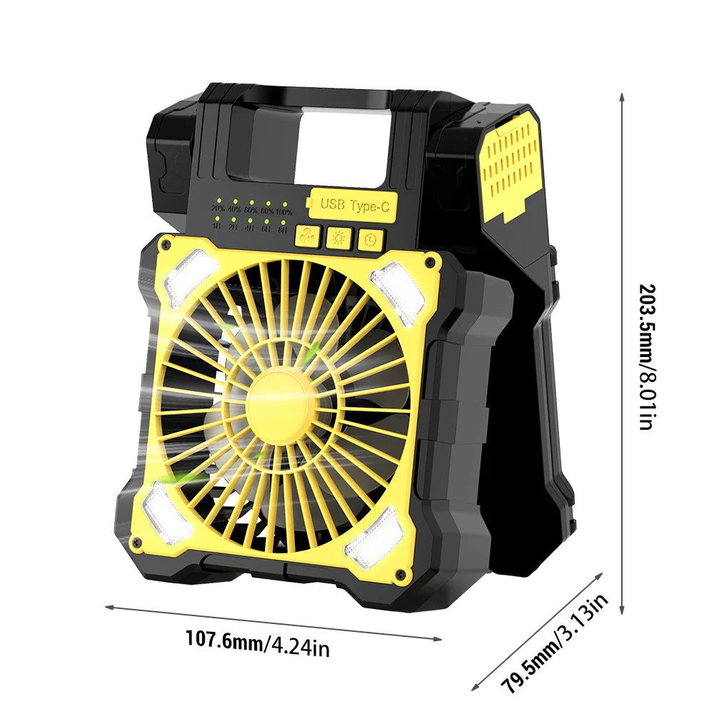 Black and yellow portable fan with USB Type-C connection, showing dimensions on a white background.