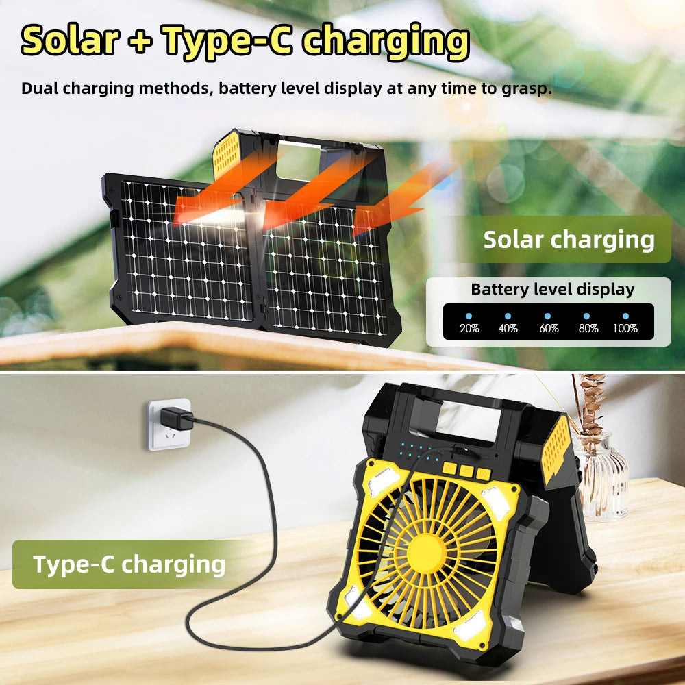 Solar and Type-C charging device with battery level display on a wooden surface.