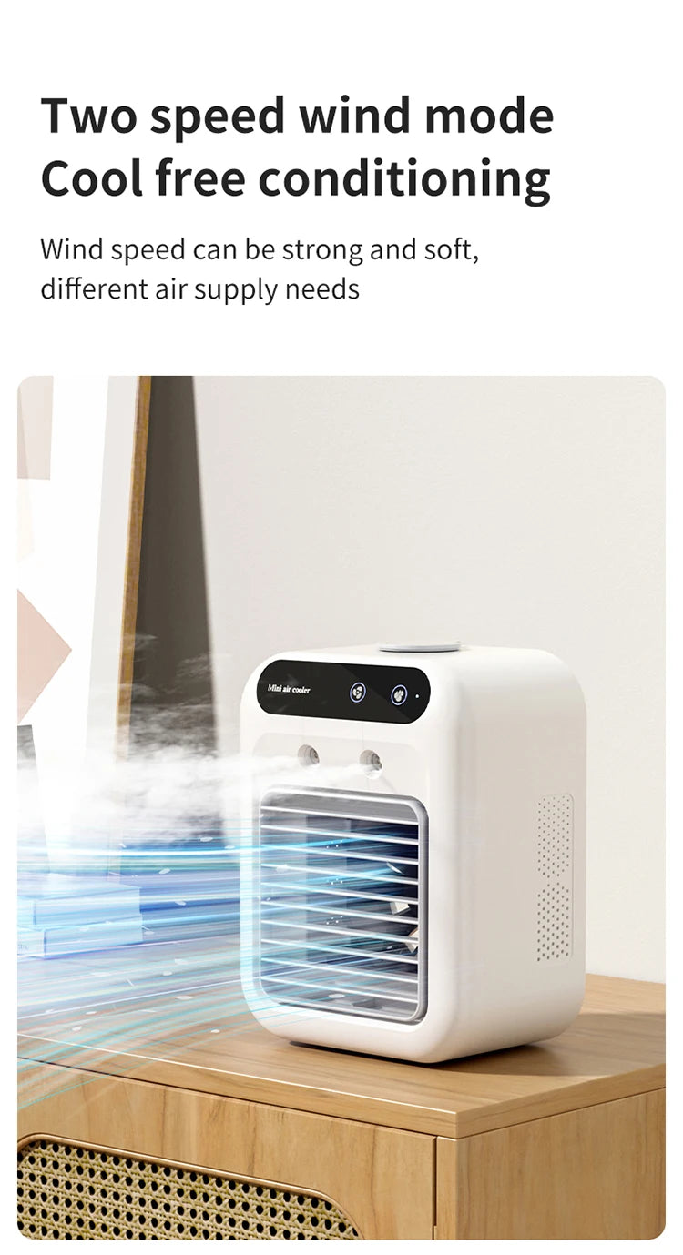 Rechargeable cooling fan misting on vanity setup, 2 speeds