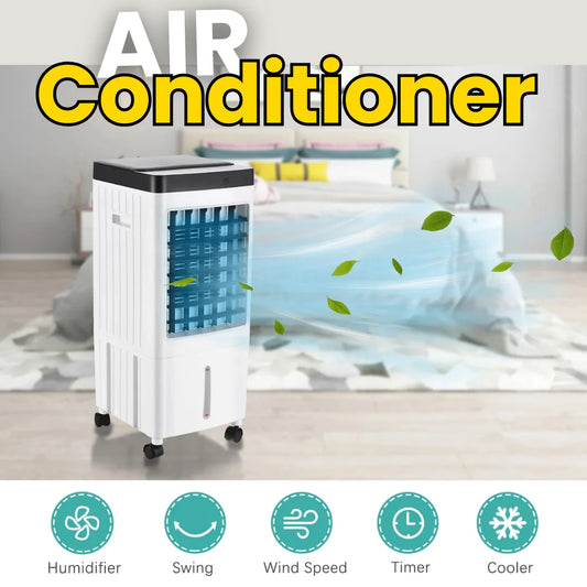 Portable air conditioner with features displayed in a room setting