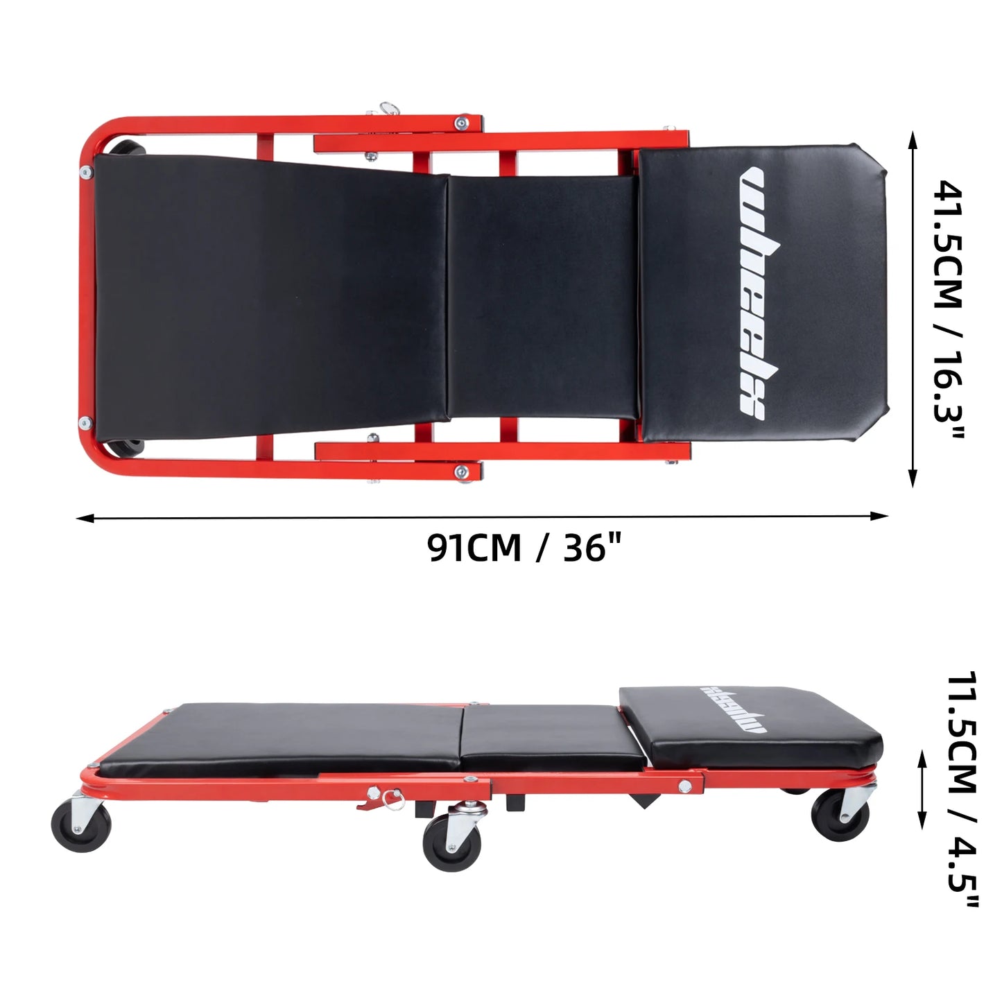 Red and black hydraulic lift Seat with dimensions indicated on a white background