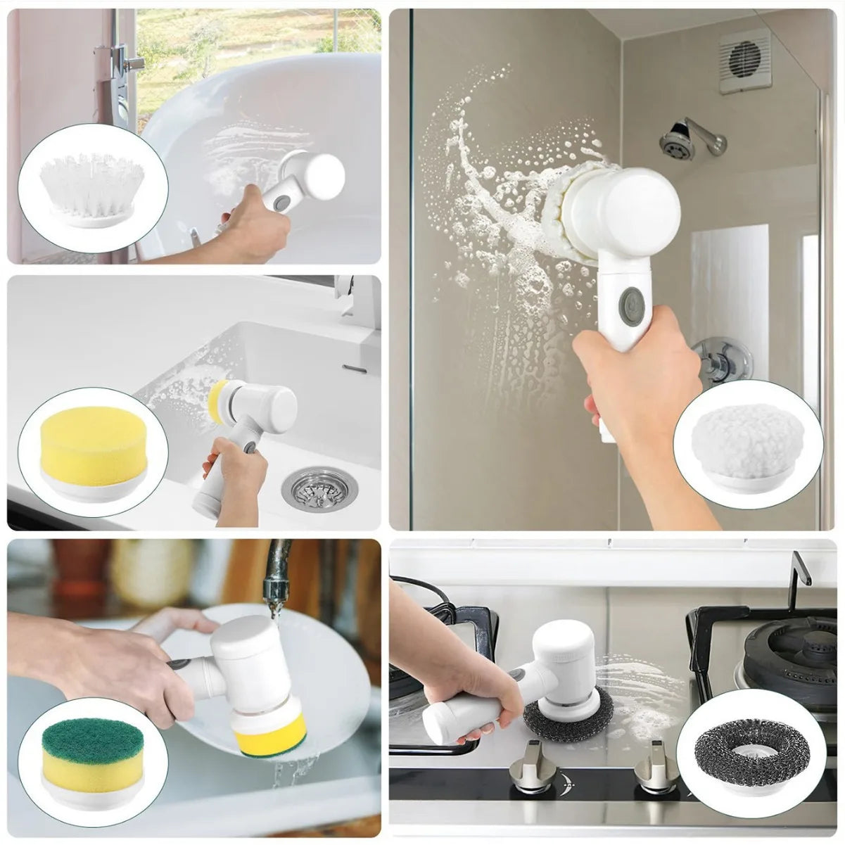 Woman using cordless electric scrubber to clean bathroom tiles
