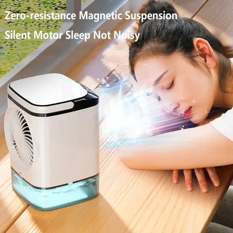 Desktop air cooler with dual ultrasonic mist and quiet operation