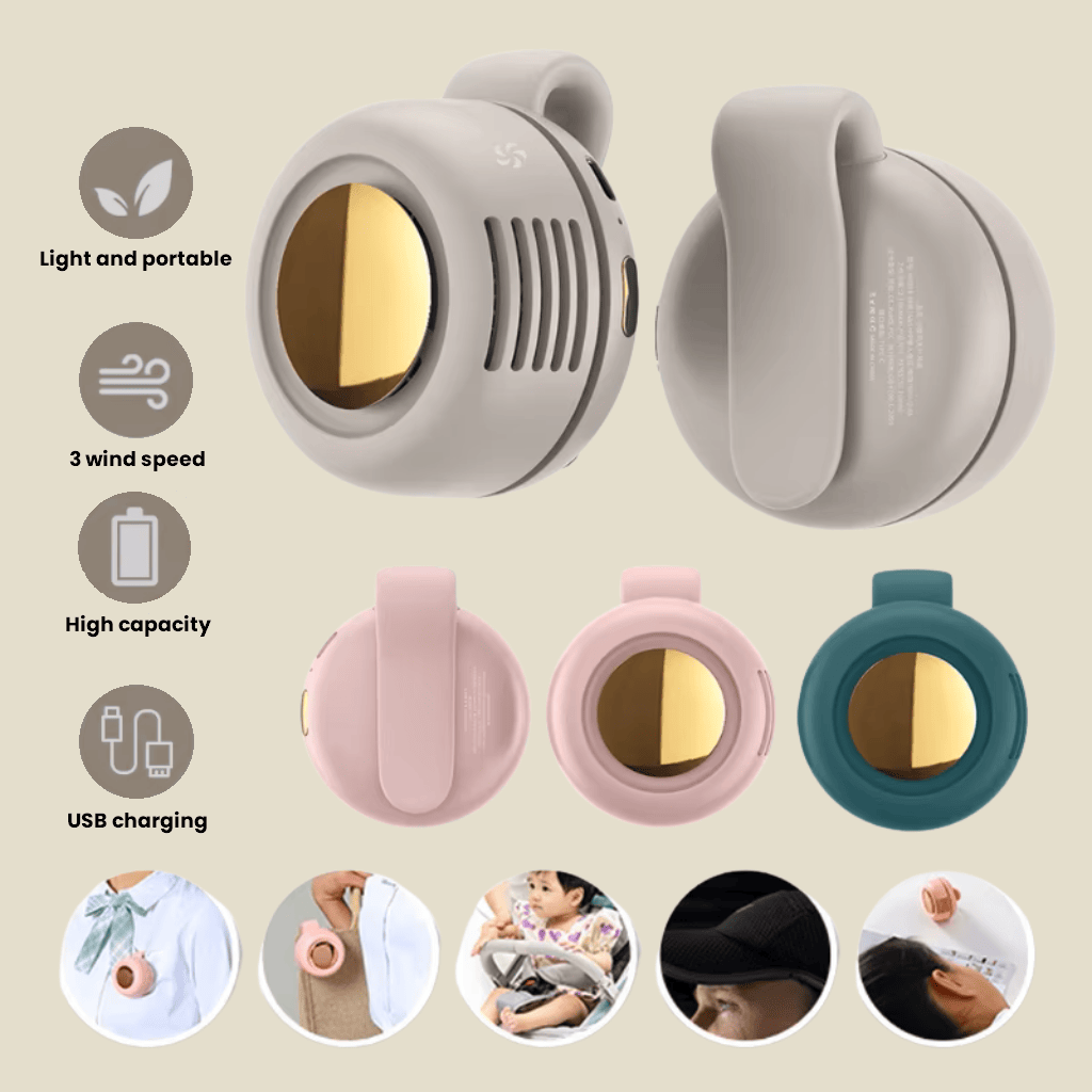 Mini clip fan in white, green, pink - 360° rotation, 3 speeds, USB-C rechargeable for hands-free cooling