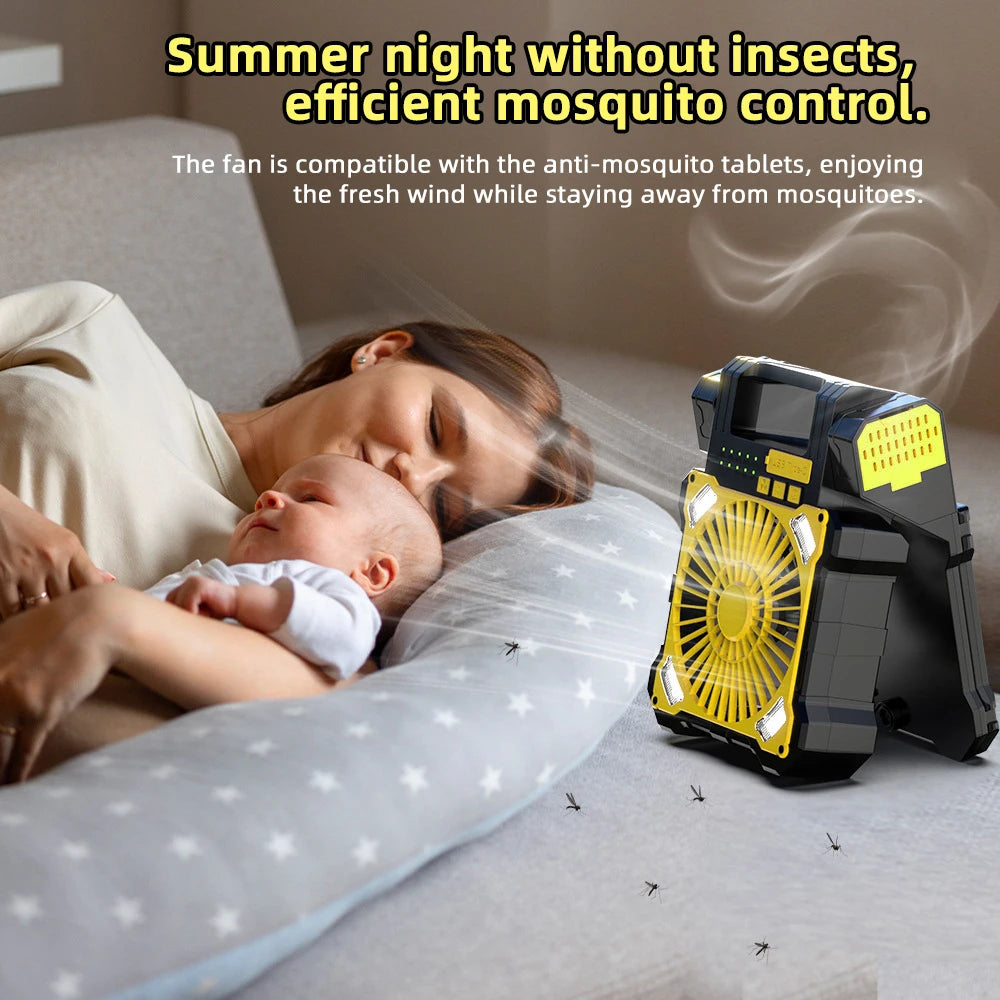Woman and baby lying on a bed with a fan and text about mosquito control