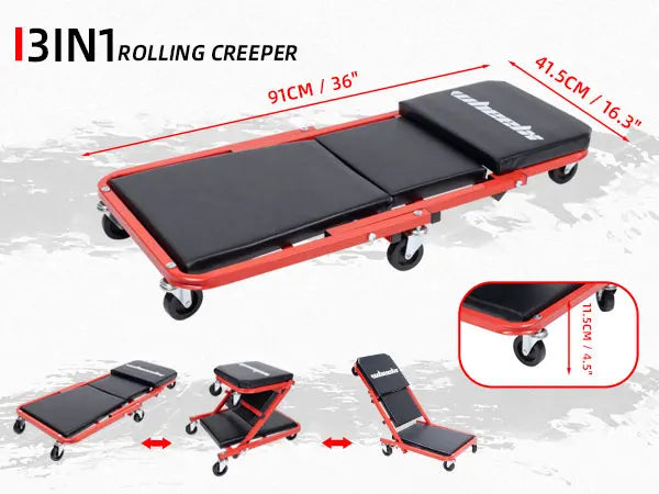 3in1 rolling creeper with dimensions and features on a gray background