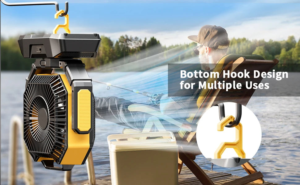 Compact fan with foldable hook in tent