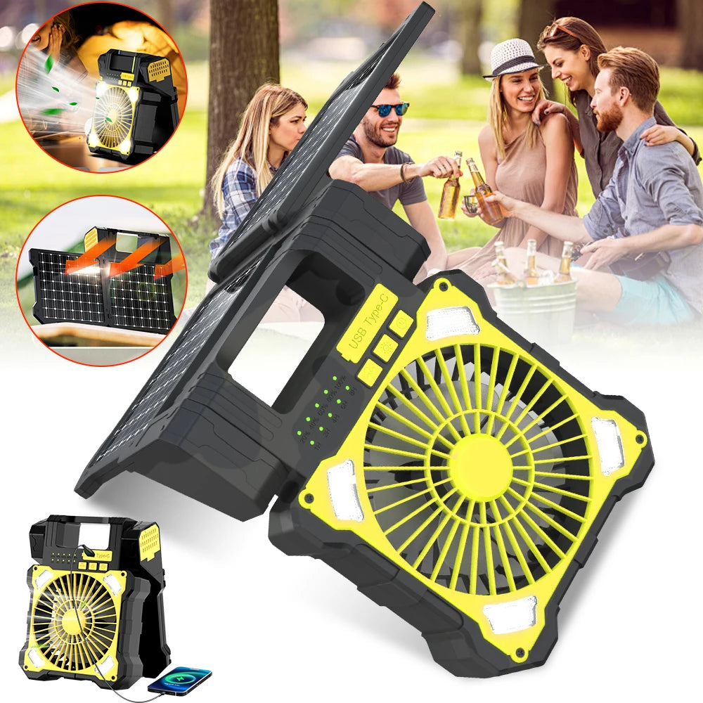 Portable fan with solar panel and on a white background