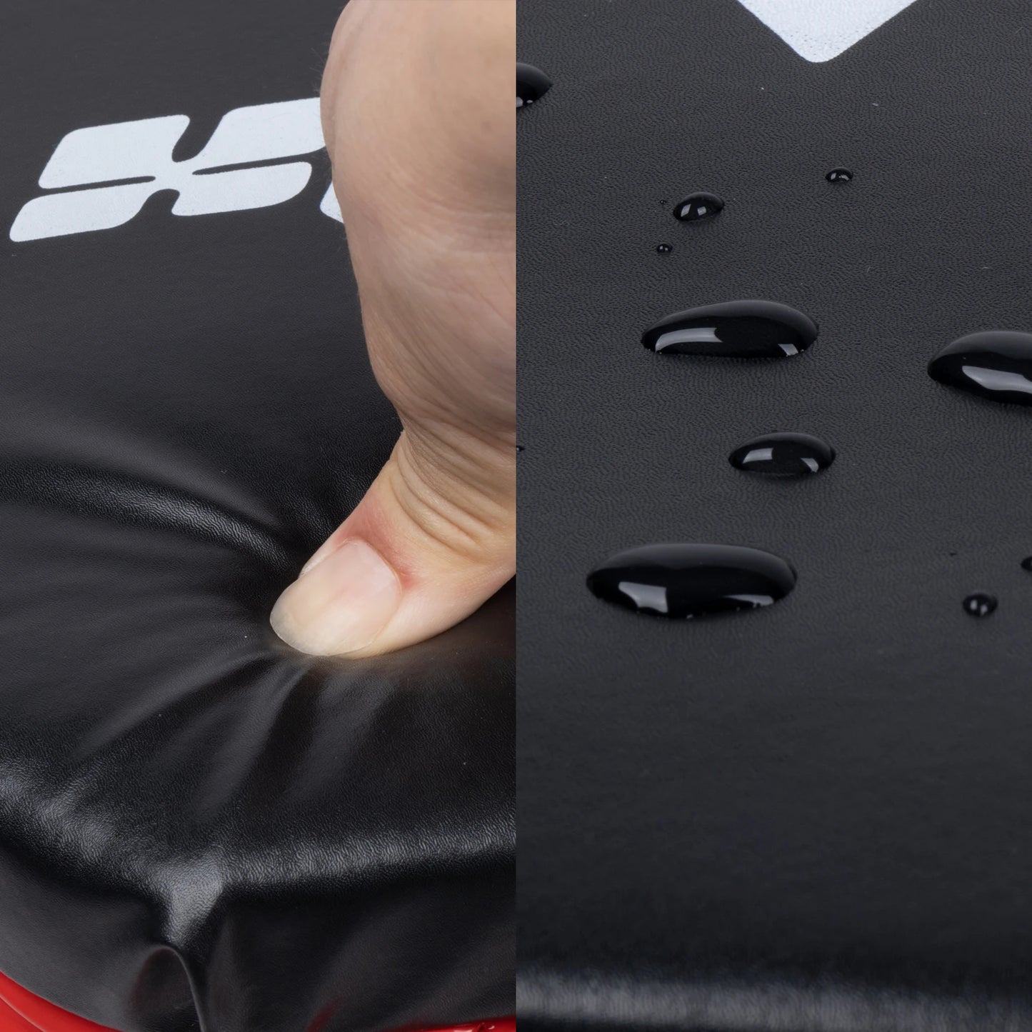 Close-up of a black surface with water droplets and a thumb for scale