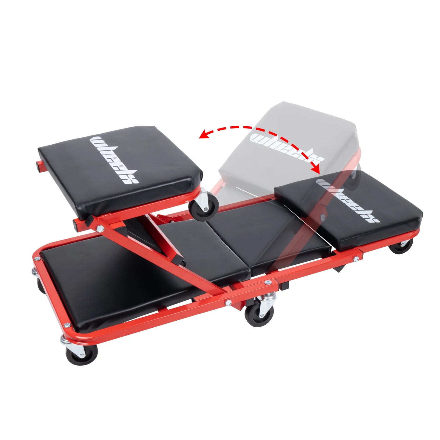 Red 3-in-1 Rolling Mechanic Creeper Seat with black cushions on a white background