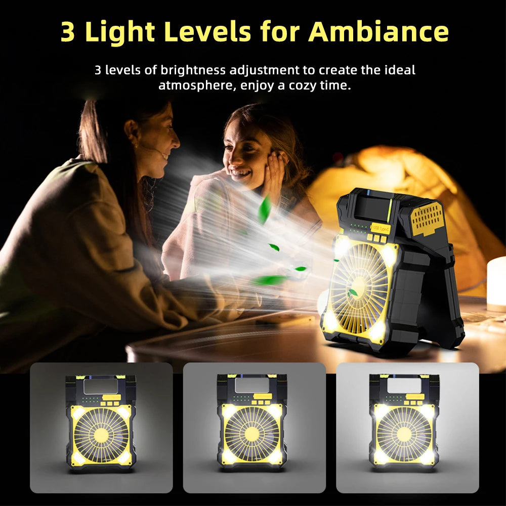Portable light with three brightness levels shown, used by two people in a cozy setting.