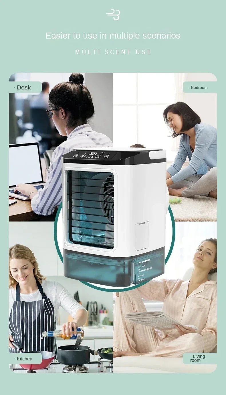 Travel-friendly air cooler with dual mist nozzles and compact design