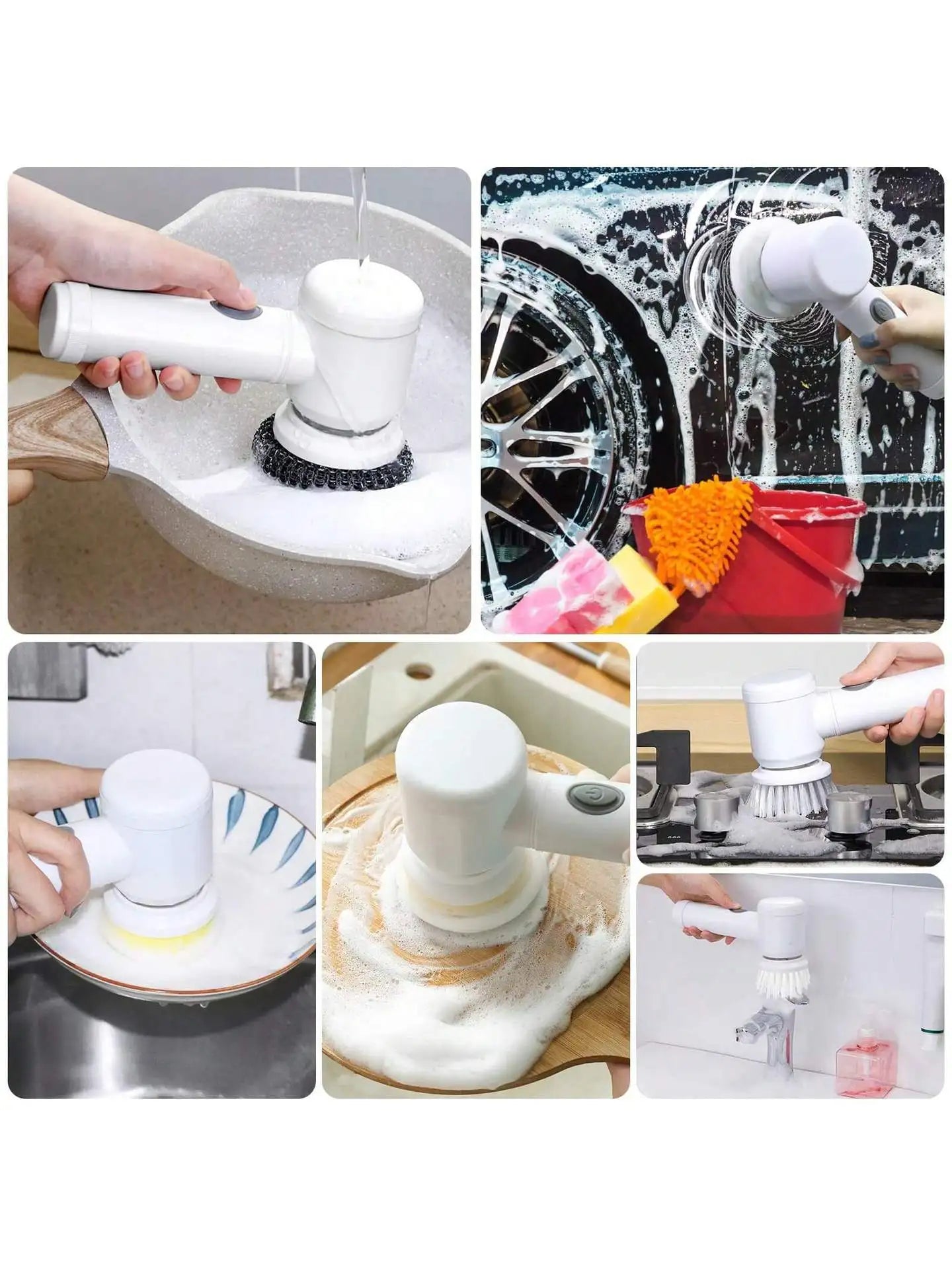 Cordless spin brush removing grime from stainless steel sink