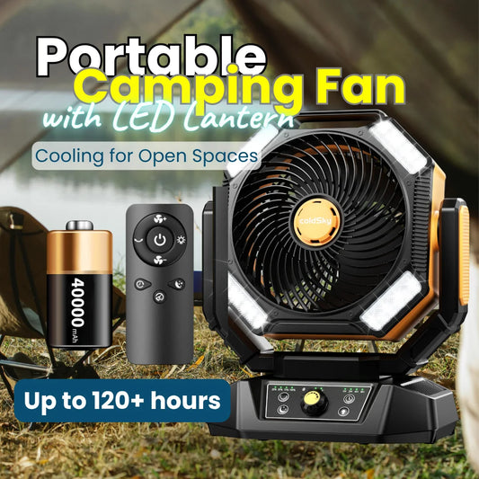Portable Camping Fan with LED Lantern on table 