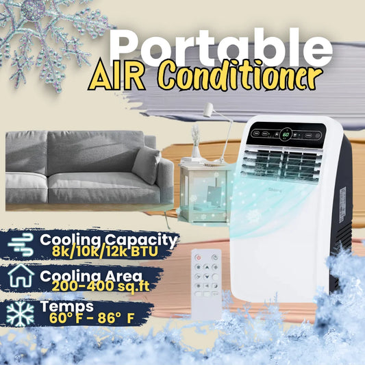 Portable air conditioner display with BTU options (8K/10K/12K) and temperature range of 60°F–86°F for 200–400 sq ft