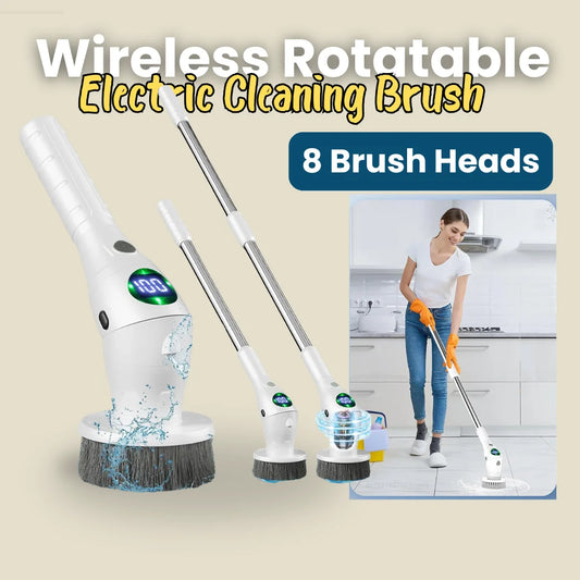 Woman using the 8-in-1 Wireless Rotatable Electric Cleaning Brush to clean bathroom tiles
