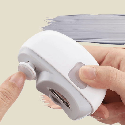 Electric nail trimmer device with "360° rotary grinding" text highlighting smooth, precise trimming feature
