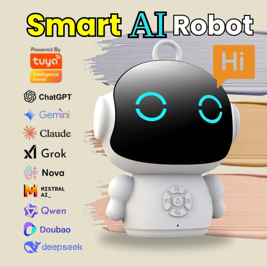 Smart AI robot with various technology logos on a light background