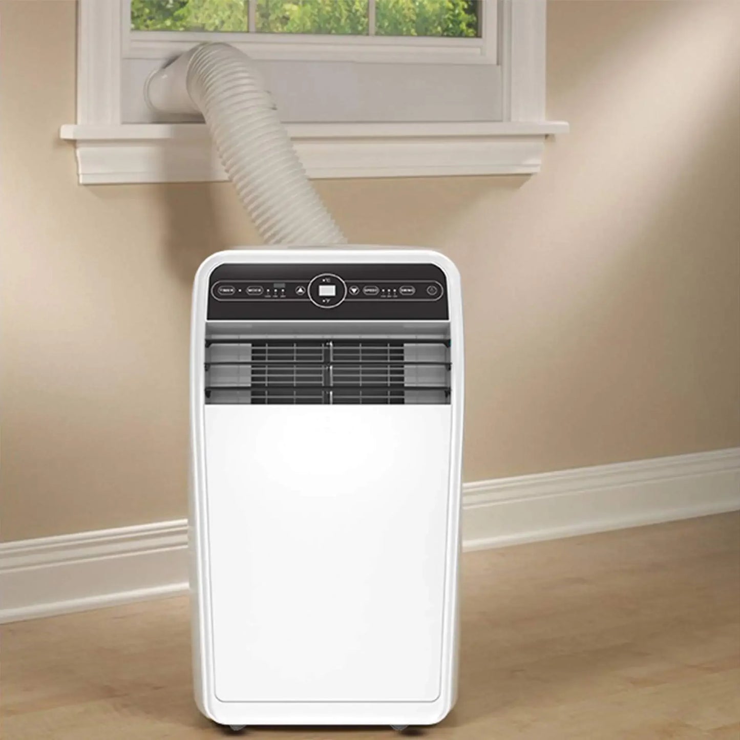 Portable Air Conditioner venting hot air through window exhaust hose
