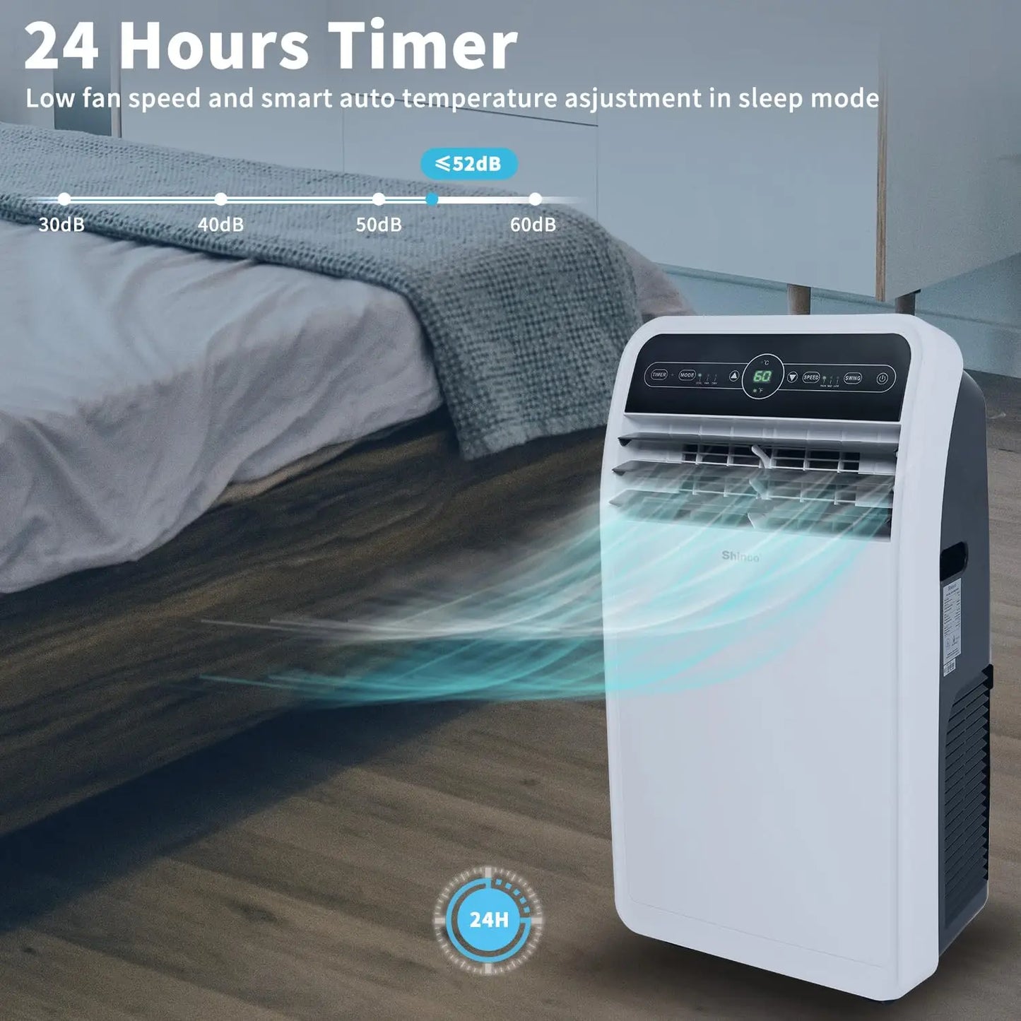 Portable Air Conditioner with whisper-quiet operation (<55dB) for peaceful sleep.