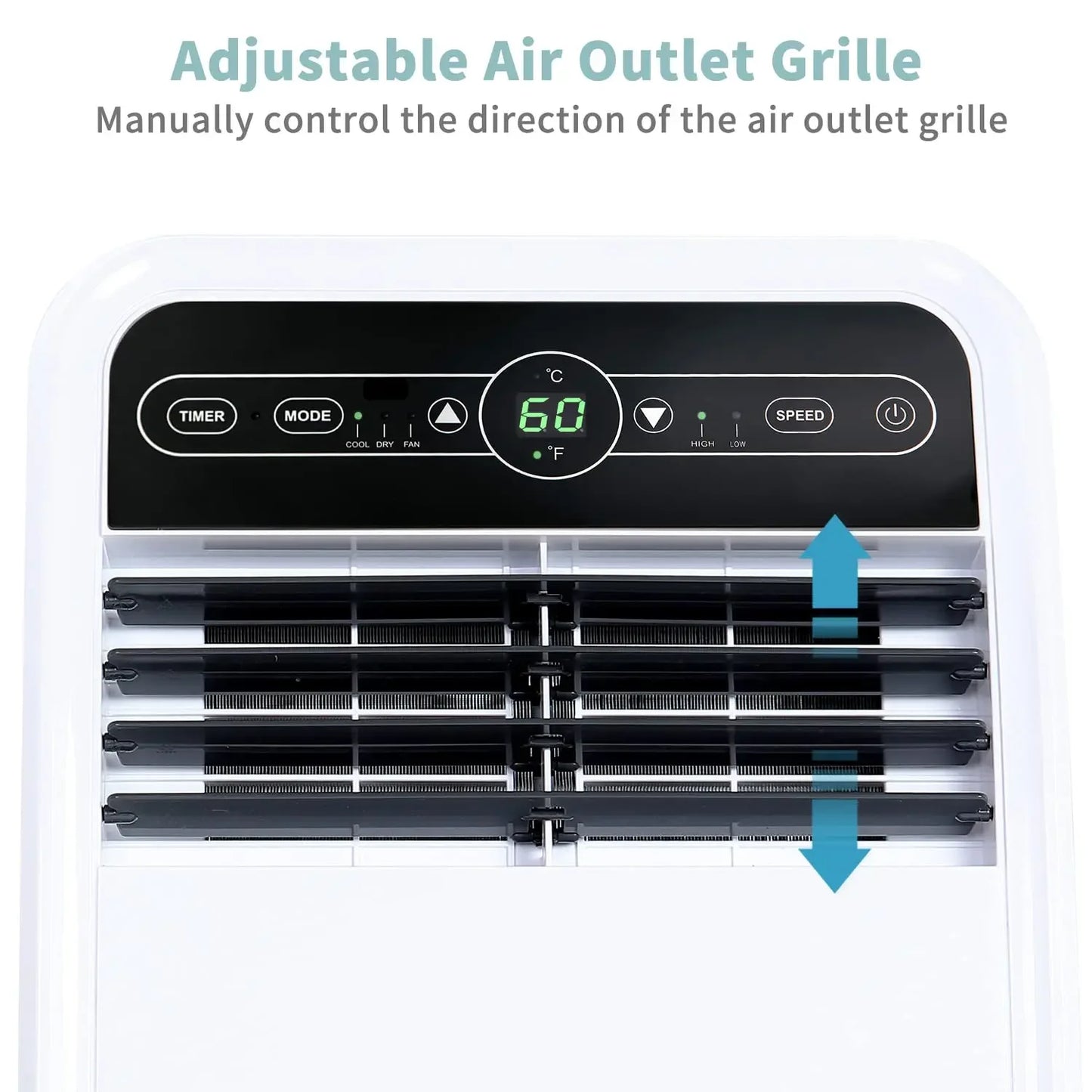 Close-up of LED display on portable air conditioner showing temperature and settings, easy-to-use touch interface
