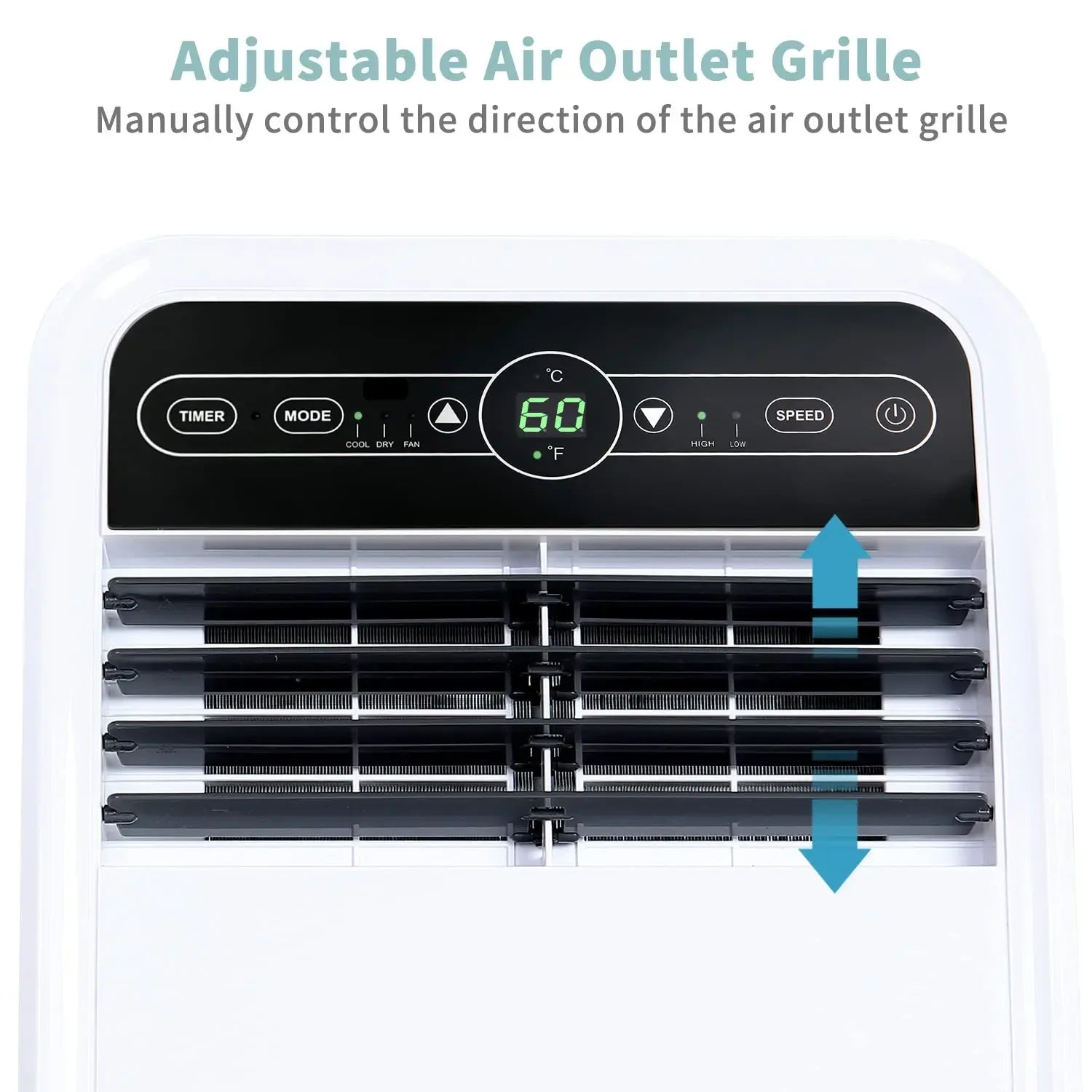 Close-up of LED display on portable air conditioner showing temperature and settings, easy-to-use touch interface
