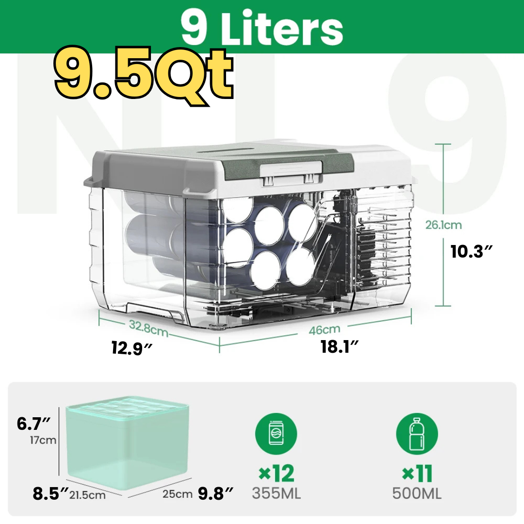 9.5Qt/9L portable fridge - compact size 24.3″×14.8″×17.40″, fits car trunks and tight spaces.