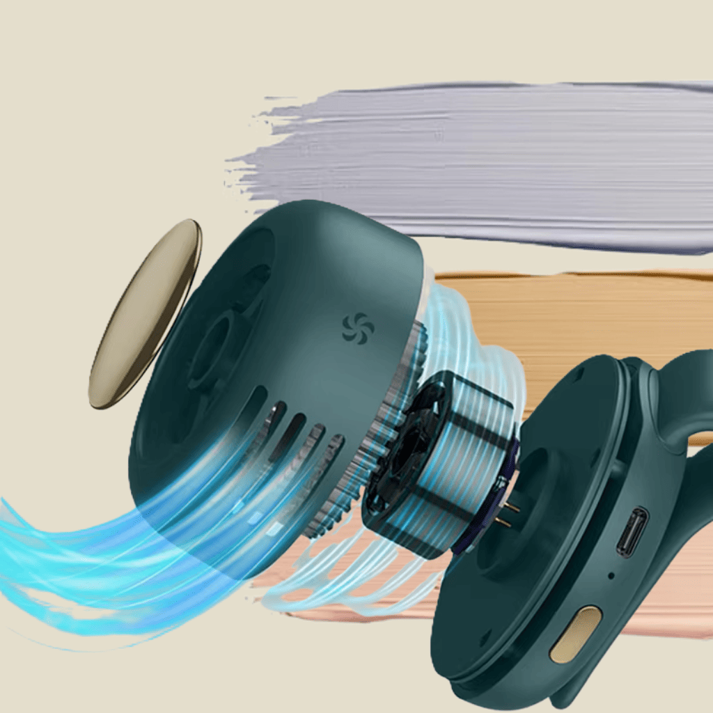 Exploded view of mini clip fan - showing motor, battery, blades, and 360° rotation mechanism