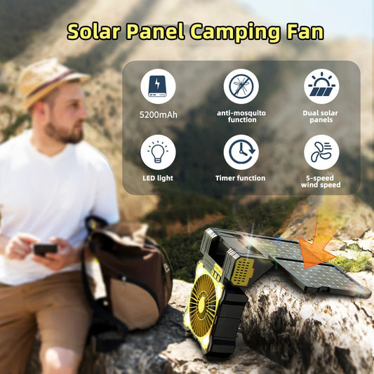 Solar panel camping fan with features displayed on a mountain background