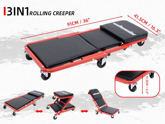 3in1 rolling creeper with dimensions and features on a gray background