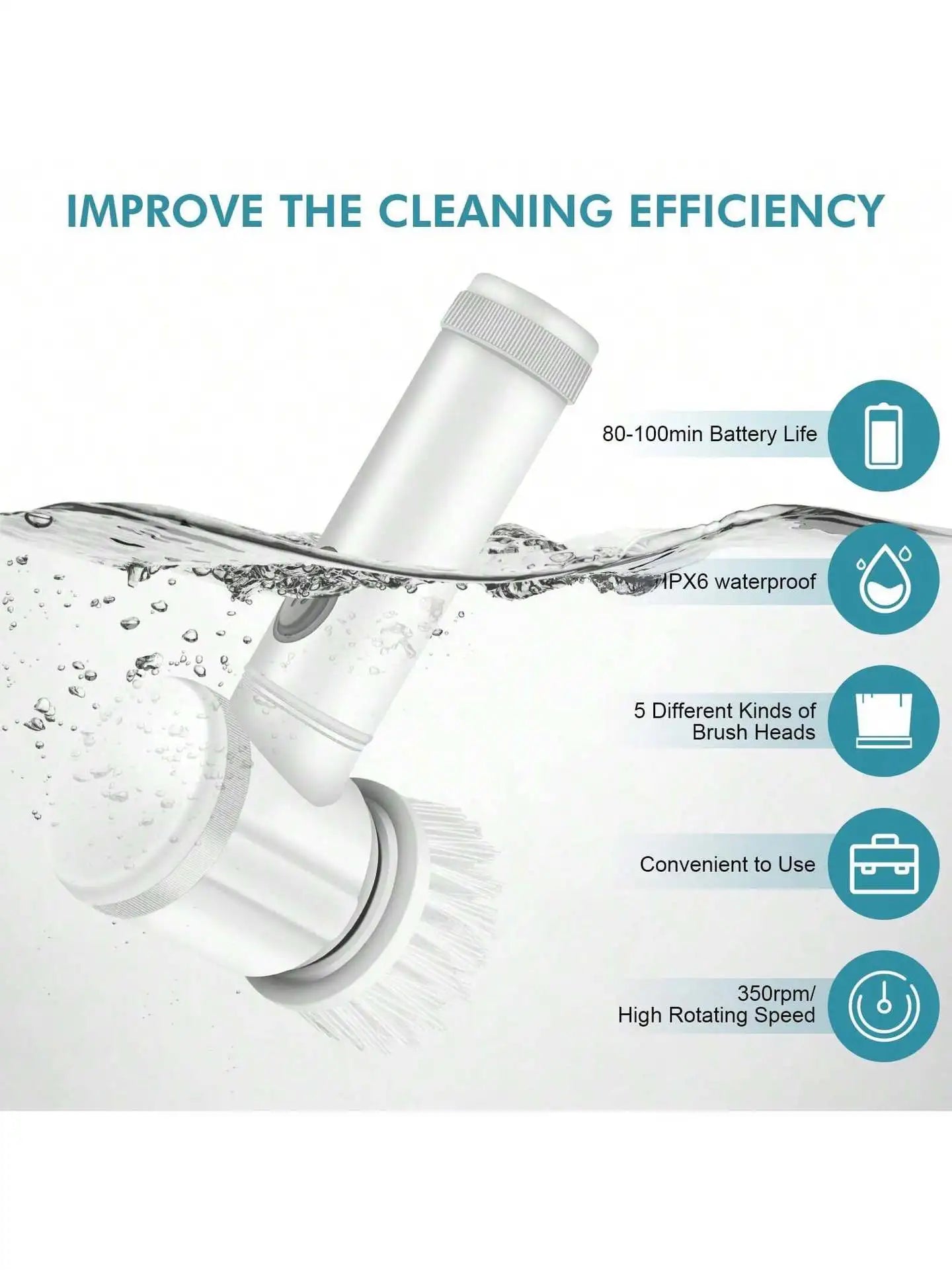 Cordless scrubber with IPX6 rating for shower and sink cleaning