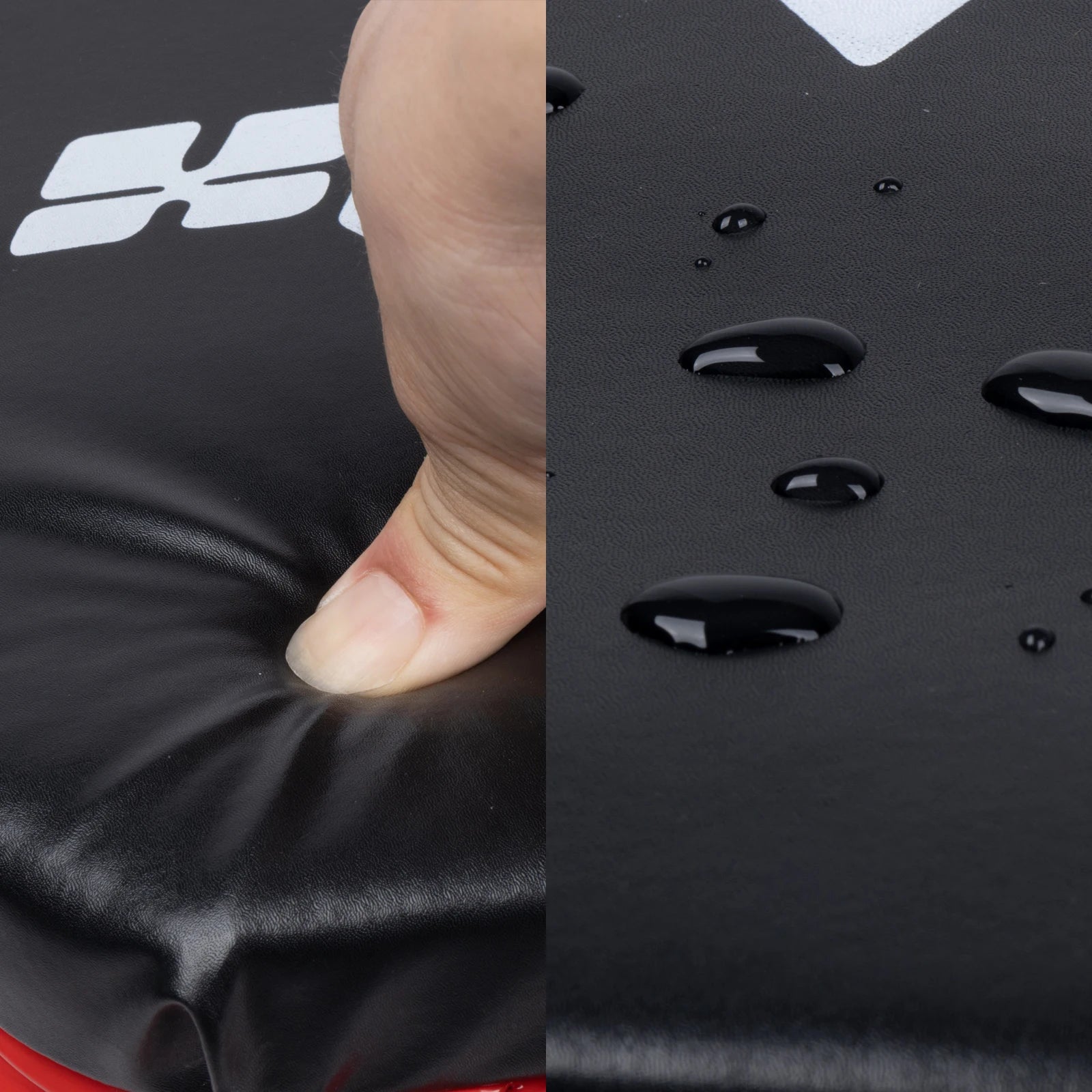 Close-up of a black surface with water droplets and a thumb for scale